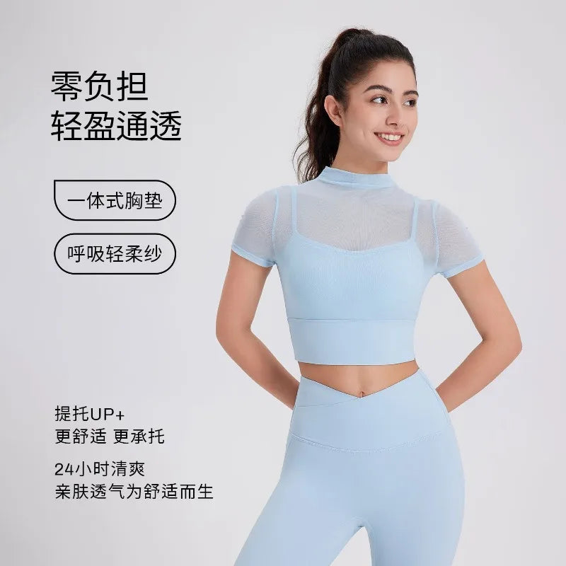 Mesh Sports Bra with Sleeves and Pads